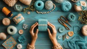 crafting-a-beautiful-creation-with-teal-yarn-and-supplies-on-a-wooden-table-free-photo